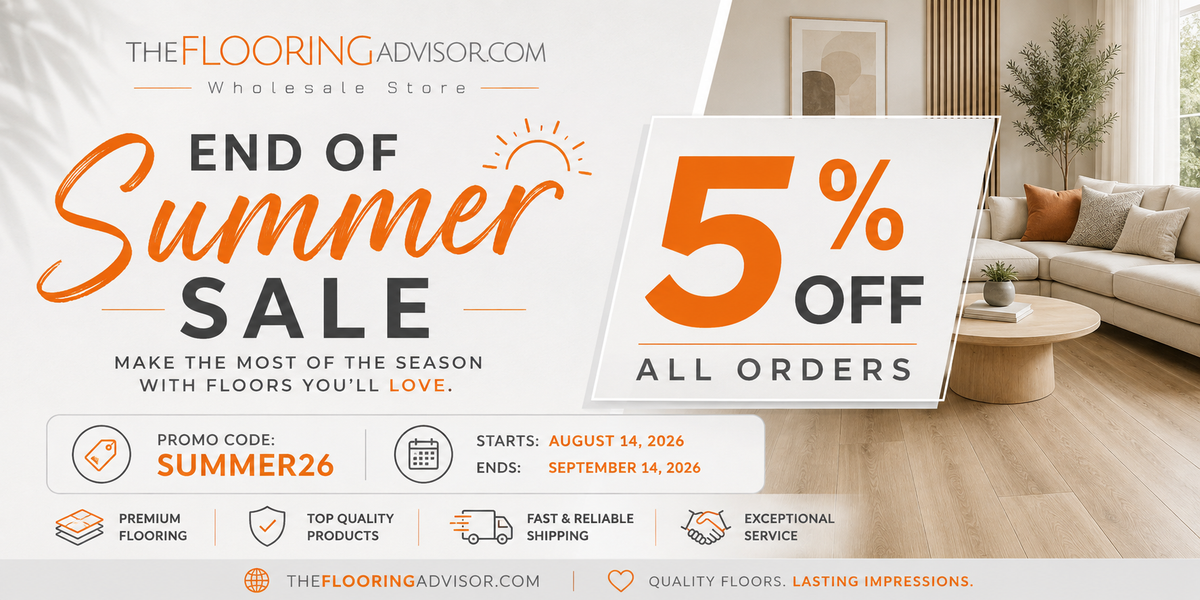 Promotional banner for The Flooring Advisor.com featuring a 5% off all orders summer sale.
