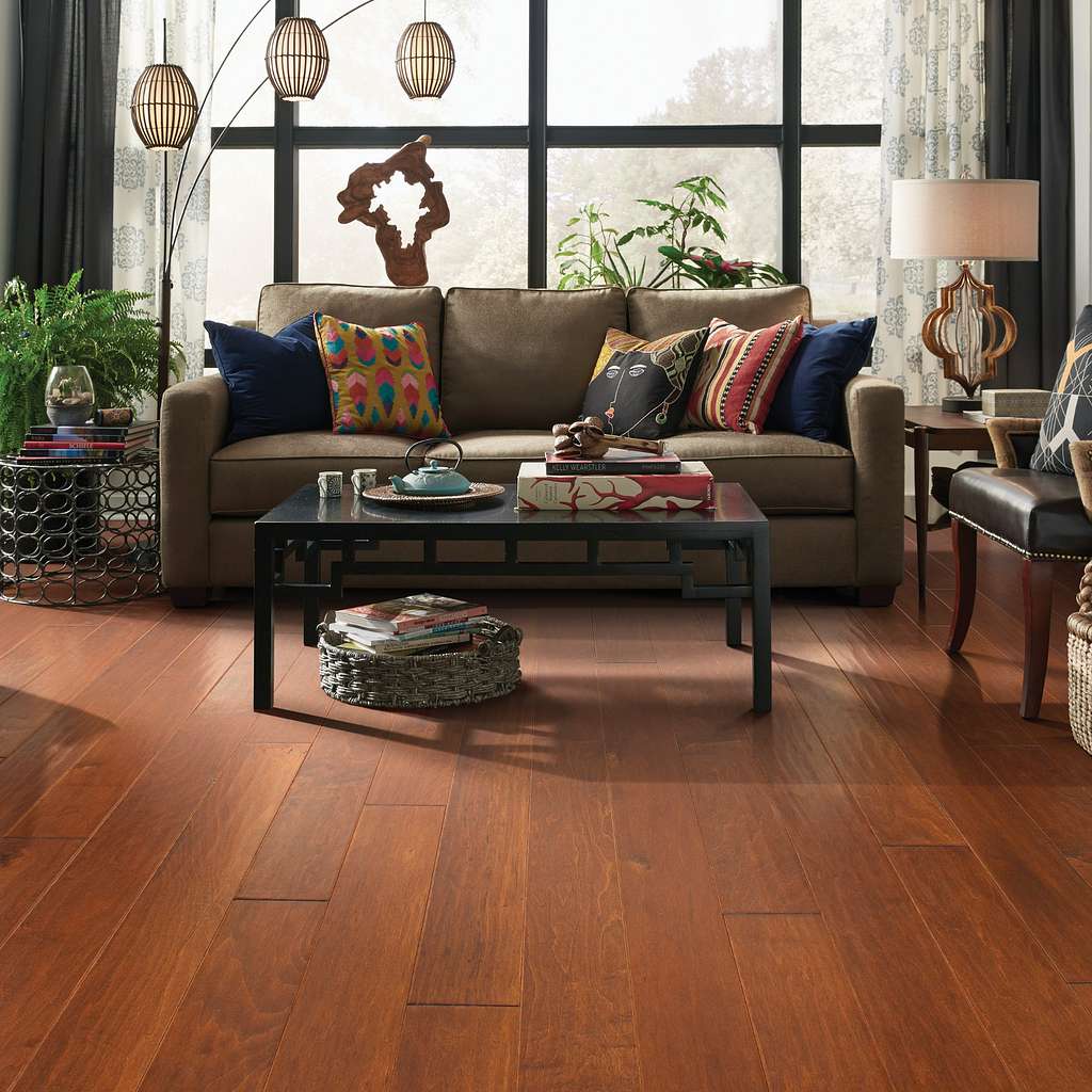 Subtle scraped maple flooring in bold, rich colors. Also available in a smooth surface version, Ocala.